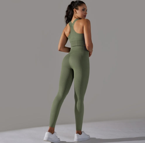 Seamless knit solid color high elastic tight yoga vest pants set 10colors