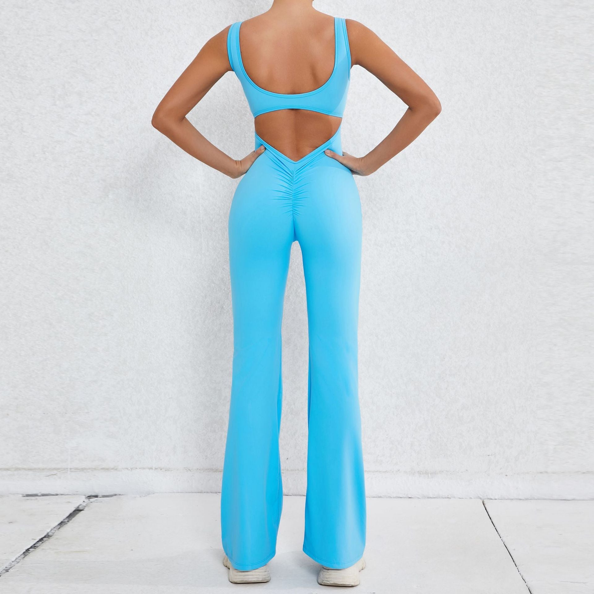 Women Workout Flare Jumpsuits Sexy Backless Gym Bodycon Scrunch Butt Yoga Rompers V Back 8 colors