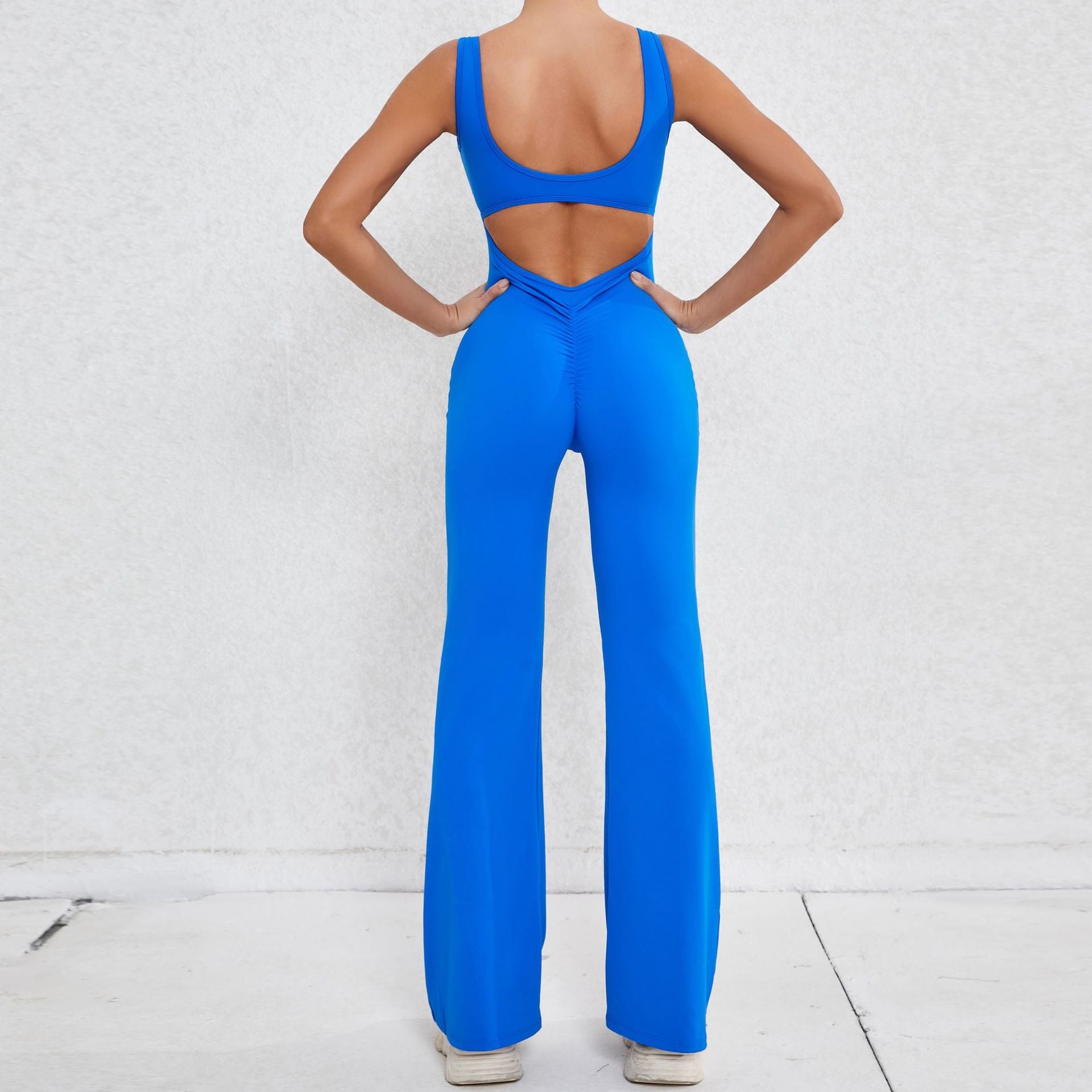 Women Workout Flare Jumpsuits Sexy Backless Gym Bodycon Scrunch Butt Yoga Rompers V Back 8 colors